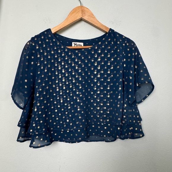 Show Me Your Mumu Candice Blue & Gold Polka Dot Crop Top Size Medium - Picture 3 of 10